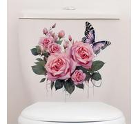 TOLOVIS Pink Rose Butterfly Toilet Cover Sticker Decals,Flower leaf bird Waterproof Toilet Lid Tank Seat Decals Cistern Self-Adhesive Bathroom Wall Sticker