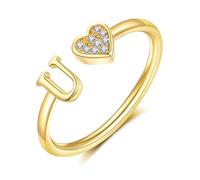 TOLOWOBK Gold Rings for Women Girls Initial Cubic Zirconia Gold Plated Open Heart A-Z Letter Rings Adjustable Engagement Ring Graduation Anniversary Birthday Gifts for Daughter Sister Girlfriend