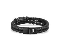 TOLOWOBK Mens Leather Bracelet Engraved A-Z Letters, Personalised Initial Bracelet with Stainless Steel Magnetic Clasp Jewellery for Men Boys Christmas Birthday Gifts for Him Dad Son Husband Brother