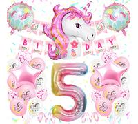 TOLOYE 5th Birthday Party Decoration Girls, Unicorn Birthday Decoration Set Pink, Large Number 5 Foil Balloon, Pink White Latex Balloons, 5 Unicorn Party Supplies for Baby Girls Birthday Celebration