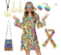TOLOYE 70s Fancy Dress Women, Hippie Costume Dress with Boho Headband Bag Glasses Necklace Set, 60s Disco Fancy Dress, 1970s Vintage Hippie Outfit Hippy Clothes for Carnival Dress Up Party (M)