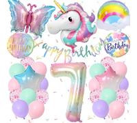 TOLOYE 7th Birthday Unicorn Butterfly Theme Party Decorations for Girls - Pastel Supplies With Star Foil Balloons for 7 Years