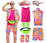 TOLOYE 80s Workout Costume, 80s 90s Workout Outfit with Retro Accessories, 80s Fanny Pack Sunglasses, 80s Retro Tracksuit Fancy Dress, 80s Beach Costume Shell Suits for Men Women (Men, M)