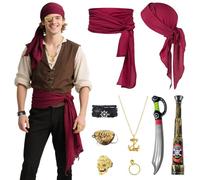 TOLOYE 9pcs Pirate Accessories, Pirate Costume Accessories Men Women Include Bandana Belt Eye Patch, Halloween Accessory for Cosplay Birthday Fancy Dress Parties (Red)