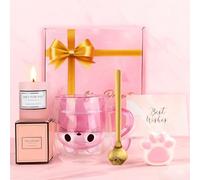 TOLOYE Cat Gifts for Women, Cute Cat Mug Set, 290ml Double Walled Glass Coffee Tea Cup, Presents for Women Mum Wife Teacher, Birthday Valentines Mothering Sunday Personalised Gifts for Her (Pink)