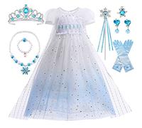 TOLOYE Elsa Dress Up for Girls, Frozen Costume Dress Up, Princess Girl Long Dress with Crown Fairy Wand Necklace Set,Girls Fancy Dress for Birthday Party Bridesmaid Pageant Carnival Cosplay
