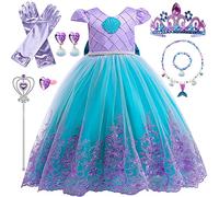 TOLOYE Mermaid Costume Kids,Little Mermaid Dress for Girls, Princess Fancy Dress with Crown Magic Wand Necklace Set for Cosplay Birthday Party Halloween Bridesmaid Costume 3-4 Years