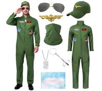 TOLOYE Pilot Costume Men, Pilot Costume Aviator with Pilots Hat Aviator Sunglasses Accessories, Fancy Dress for Adults, Flight Suit for Halloween Cosplay Party, L