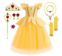 TOLOYE Princess Costumes for Girls with Crown, Fairy Wand, Necklace Sets - Belle Dress, Long Skirt, Kids Fancy Dress for Party Cosplay (110, Style 1)