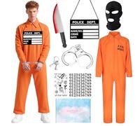 TOLOYE Prisoner Costume Men Women, Prisoner Outfit with Handcuffs Information Board, Convict Costume Adult, Prisoners Jumpsuit Fancy Dress, Inmate Costumes for Halloween Carnival Party Dress Up (L)