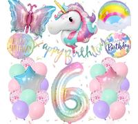 TOLOYE Unicorn Butterfly Theme Party Decorations, Pastel Birthday Decorations with Unicorn Butterfly Star Foil Balloons for 6 Years Old Girls
