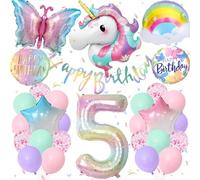 TOLOYE Unicorn Butterfly Theme Party Decorations, Pastel Birthday Decorations with Unicorn Butterfly Star Foil Balloons for Girls 5th Birthday
