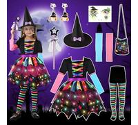 TOLOYE Witch Costume Kids, Light Up Witch Fancy Dress, Girls Witch Costume Deluxe Set with Magic Hat, Kids Halloween Dress Up, Glowing Witch Costume for Halloween Carnival (120)