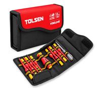 Tolsen 13-Piece VDE Insulated Electrician Screwdriver Set, Voltage Tester | 11 interchangeable Torx, Phillips, Pozidriv & slotted bits in a shared handle, Cr-V steel, tests 110-250V circuits