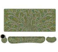ToLuLu Desk Mat, Gaming Mouse Pad Wrist Support 4 in1 Set, XXL Large Mouse Pad + Keyboard Wrist Rest + Memory Foam Cushion Mouse Wrist Rest for Pain Relieve + Coaster Table Computer PC, Green Leaves
