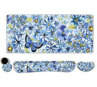 ToLuLu Desk Mat, Gaming Mouse Pad Wrist Support 4 in1 Set, XXL Large Mouse Pad + Keyboard Wrist Rest + Memory Foam Cushion Mouse Wrist Rest for Pain Relieve + Coaster Computer, Butterfly Loves Flower