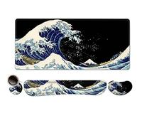 ToLuLu Extended Gaming Mouse Pad & Keyboard Wrist Rest Support Set, Memory Foam, Large Desk Mat with Stitched Edges, Non-Slip Base, for Home Office, Study, Wave of Kanagawa