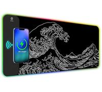 ToLuLu RGB Wireless Charging Gaming Mouse Pad, 7.5/10/15W 10 Light Modes LED Mouse Pad Computer Keyboard Mat Mousepad, 800x300x4MM Extended Large Desk Pad Mat, Japanese Kanagawa Sea Wave Black White