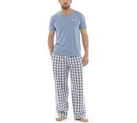 Tom Franks Mens Checked Cotton Mix T-Shirt Long Pyjamas Grey Blue L