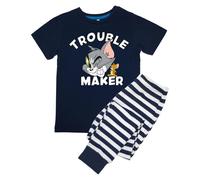 Tom & Jerry Boy's Trouble Maker Stripes Short-Sleeved Long Pyjama Set in Navy | Size: 7-8 Years Tom & Jerry Navy 7-8 Years