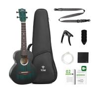 TOM LUNA 23" Concert Ukulele, Solid Mahogany Top, Moon Phase Fret Inlay, Beginner Friendly Full Kit with D'Addario Strings (Forest Green)