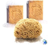 tom&pat® Gift Set • Natural Sponge & Aleppo Soap • Optimal Skin and Hair Care • Mediterranean Quality Greece • Dermatest Very Good • Bath Sponge (15-16 cm) • Aleppo Soap (2 x 200 g)