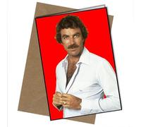 Tom Selleck 80's Sex Icon Closed Shirt Pose Red Background A5 Birthday Card | Envelope Included | Blank Inside | Unique Design | Personalised Free of Charge
