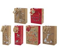 Tom Smith - Kraft Gift Bag Selection Box - Brown, Red & Green Design With Christmas Slogans, Illustrations & Embellishments - Includes 2 Large, 2 Medium & 2 Bottle Bags - Gift Tags Included
