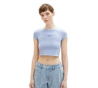 TOM TAILOR Denim Women's 1036541 Cropped T-Shirt with Print and Cut Out Details, 12819-Parisienne Blue, Large