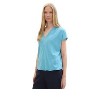 TOM TAILOR Ladies Basic Shirt Blouse with Broderie Detail Regular Fit V-Neck 25" Back Length Short Sleeve 10315 Medium, 35313 - Light Teal Blue, L