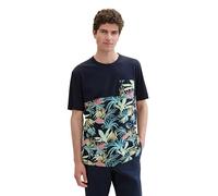 TOM TAILOR Men's 1041859 Summer T-Shirt with Print and Chest Pocket, 35436-Navy Tropical Leaf Design, S