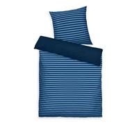 TOM TAILOR Renforcé Bed Linen 80 x 80 cm + 155 x 220 cm, 100% Cotton/Renforcé with Reversible Motif and Coloured Brand Zip, Medium Stripes Blue (Dark Navy & Cool Blue)