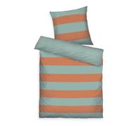 TOM TAILOR Renforcé Bed Linen 80 x 80 cm + 155 x 220 cm, 100% Cotton/Renforcé with Reversible Motif and Coloured Brand Zip, Bold Stripes Orange, Turquoise (Warm Coral & Fresh Sage)