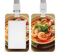 Tom Yum Goong Soup Shrimp Oysters Fashion ID Badge Holder Sliding Vertical Name Tag Card Protector with Lanyard