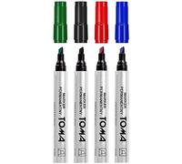 Toma Permanent Marker Pens, Set of 4 Colours (Red, Blue, Green, Black), Fine Chisel Tip, Waterproof Markers