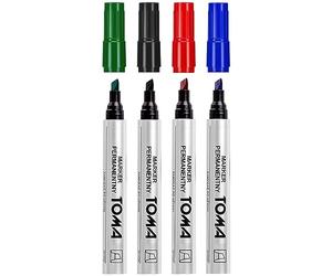 Toma Permanent Marker Pens, Set of 4 Colours (Red, Blue, Green, Black), Fine Chisel Tip, Waterproof Markers