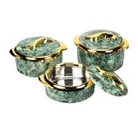 TOMANOON Thermal Casserole for hot food, Double walled insulated inner Stainless Steel hot pot with lid, Serving box for food and roti, insulated serving bowl with lid, Set of 3 (Marble Green)