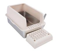 Tomantery Stainless Steel Cat Litter Box Extra Large High Sided Anti Splashing Kitty Litter Pan for Large Cats 59.9 X 38.9 X 15cm (Khaki)