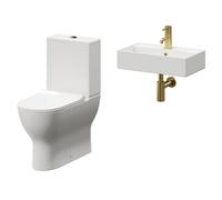 Tomar Wall Hung Basin and Toilet Suite including Round Brushed Brass Bottle Trap and Closed Back Toilet | White | ABS Polished Chrome | 505mm