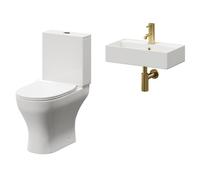 Tomar Wall Hung Basin and Toilet Suite including Round Brushed Brass Bottle Trap and Open Back Toilet | White | Ceramic | 505mm
