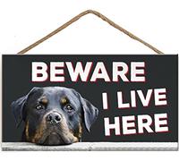 TOMATO FANQIE Beware I Live Here Rottweiler Hanging Outdoor Dog Warning Sign Gate Security Plaque 10 X 5 inch (US-G071)