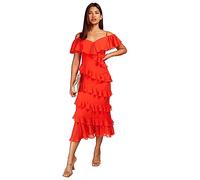 Tomato Red Frill Cold Shoulder Midi Dress