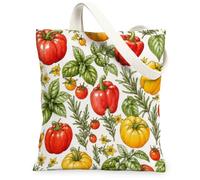 Tomatoes Canvas Tote Bag for Women, Summer Botanical Bells Pepper Basil Summer Red Washable Reusable Grocery Bags for Shopp, Red, 13x15 Inch