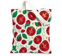 Tomatoes Canvas Tote Bag for Women, Summer Fanciful Leaf Sun Summer Red Washable Reusable Market Tote Bags Ideas for Shoppi, Red, 13x15 Inch