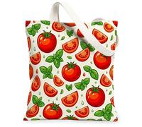 Tomatoes Canvas Tote Bag for Women, Summer Playful Tomatoes Slice Basil Leaf Summer Red Washable Reusable Everyday Tote Bag, Red, 13x15 Inch