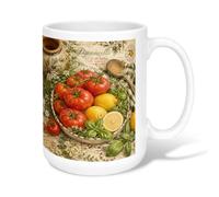 Tomatoes Ceramic Coffee Mug, Rustic Vintage Lemons Basil Summer Red Novelty Work Drinking Mugs with Handle Ideal for Friendship Family Colleague Teachers Sweetheart Staff 15 Oz
