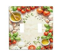 Tomatoes Kitchen Double Light Switch Cover Plate, Culinary Rustic Basil Garlic Summer Green Plastic Standard Size Wall Switch Plates Accents for Home Living Room Bedroom Bathroom Decor