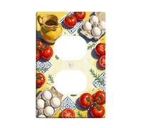 Tomatoes Kitchen Duplex Outlet Covers Wall Plate, Farmhouse Rustic Egg Basil Summer Red Plastic Standard Size Double Power Outlet Cover Plate for Living Room Bedroom Home Office Decor