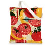 Tomatoes Pattern Canvas Tote Bags, Retro Fruit Design Reusable Shopping Bags, Lightweight Washable Carryall for Gym Travel Beach 13x15 Inch