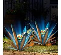 TOMBABY Solar Rustic Garden Style Metal Agave Plants Outdoor Patio, Home Decor Hand-Painted Metal Agave Garden Patio Statues, Suitable for Desert Areas, Outdoor Lawn Decorations (2 Solar Blue)